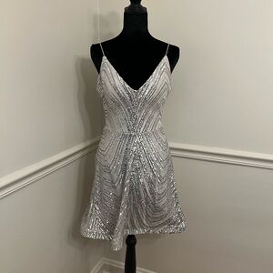 B Darlin Silver Sequin V-Neck Spaghetti Strap Mini Dress